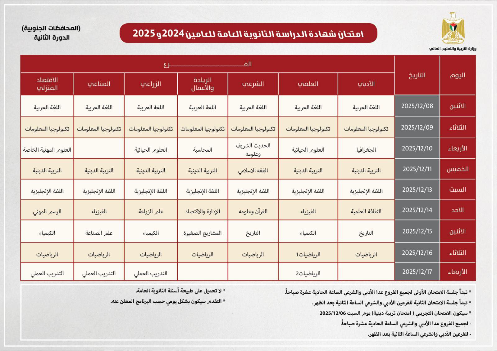 برنامج امتحانات الدورة الثانية الثانوية العامة للعامين 2024 و 2025 للطلبة داخل قطاع غزة