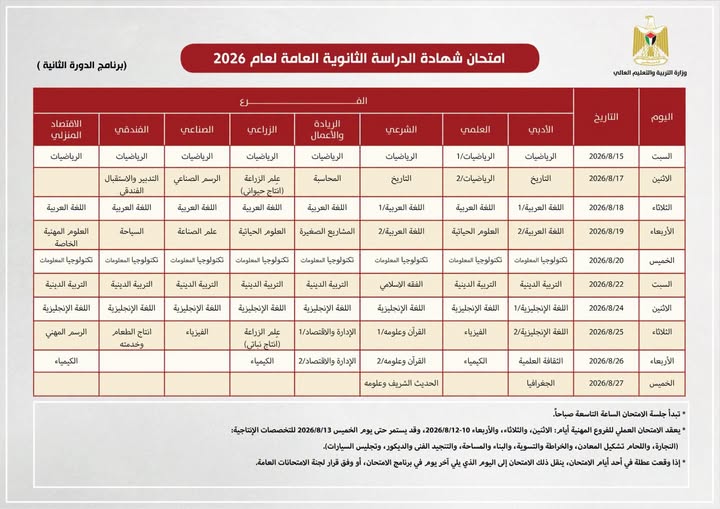 برنامج امتحان #الثانوية_العامة للعام 2026/ الدورة الثانية